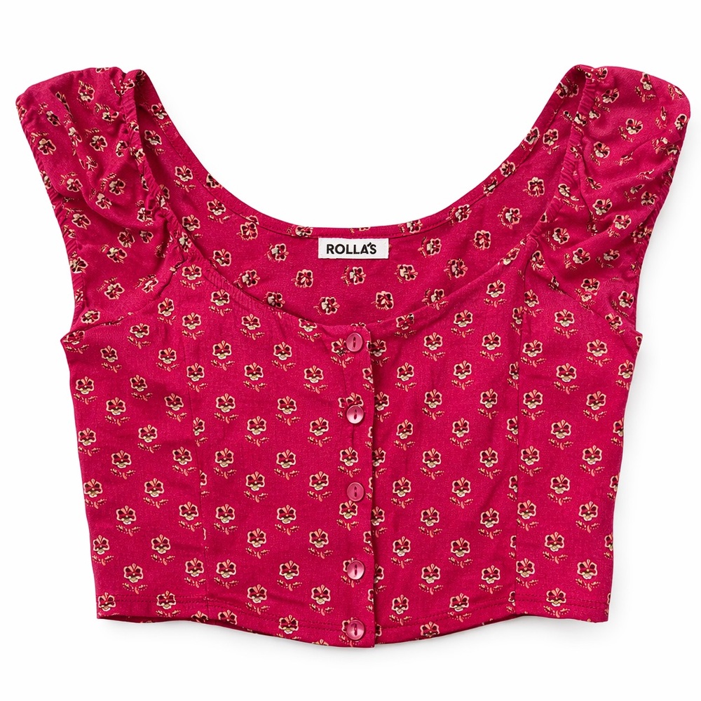 Rolla’s Magenta Erin Emmylou Crop Button Floral Short Sleeve Top. Size Small.
